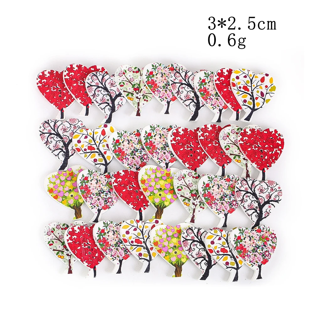 20 piezas botón de madera de corazón pintado, 2 agujeros, flor brillante, parte posterior plana, gemelos de costura, bolsas de ropa DIY, decoración del hogar, suministros hechos a mano