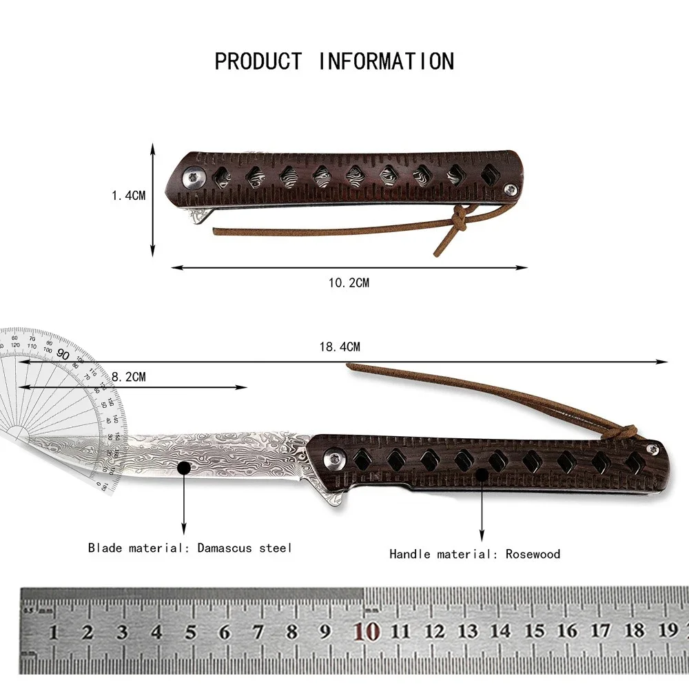 Lightweight V10 Damascus Steel Folding Knife Rosewood Handle Outdoor Tactical Multitools Hunting Survival Camping Pocket Knives