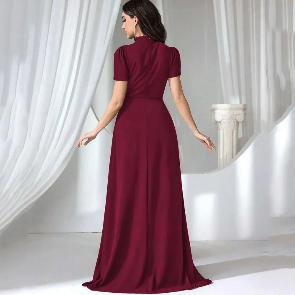 ที่กําหนดเองอย่างเป็นทางการไวน์แดงชุดแม่สายประดับด้วยลูกปัด Elegant แขนสั้นชุดราตรี vestido invitada boda