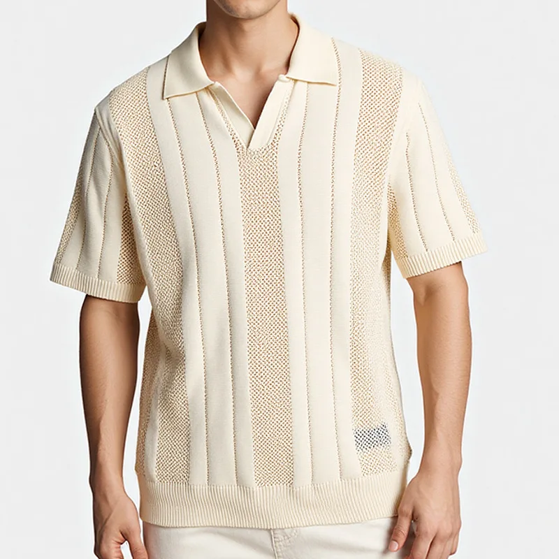 Men's Summer Casual Loose Comfortable Knitted  Shirt Short Sleeve Turn-down Collar T-shirt Hollow out Color Block Top