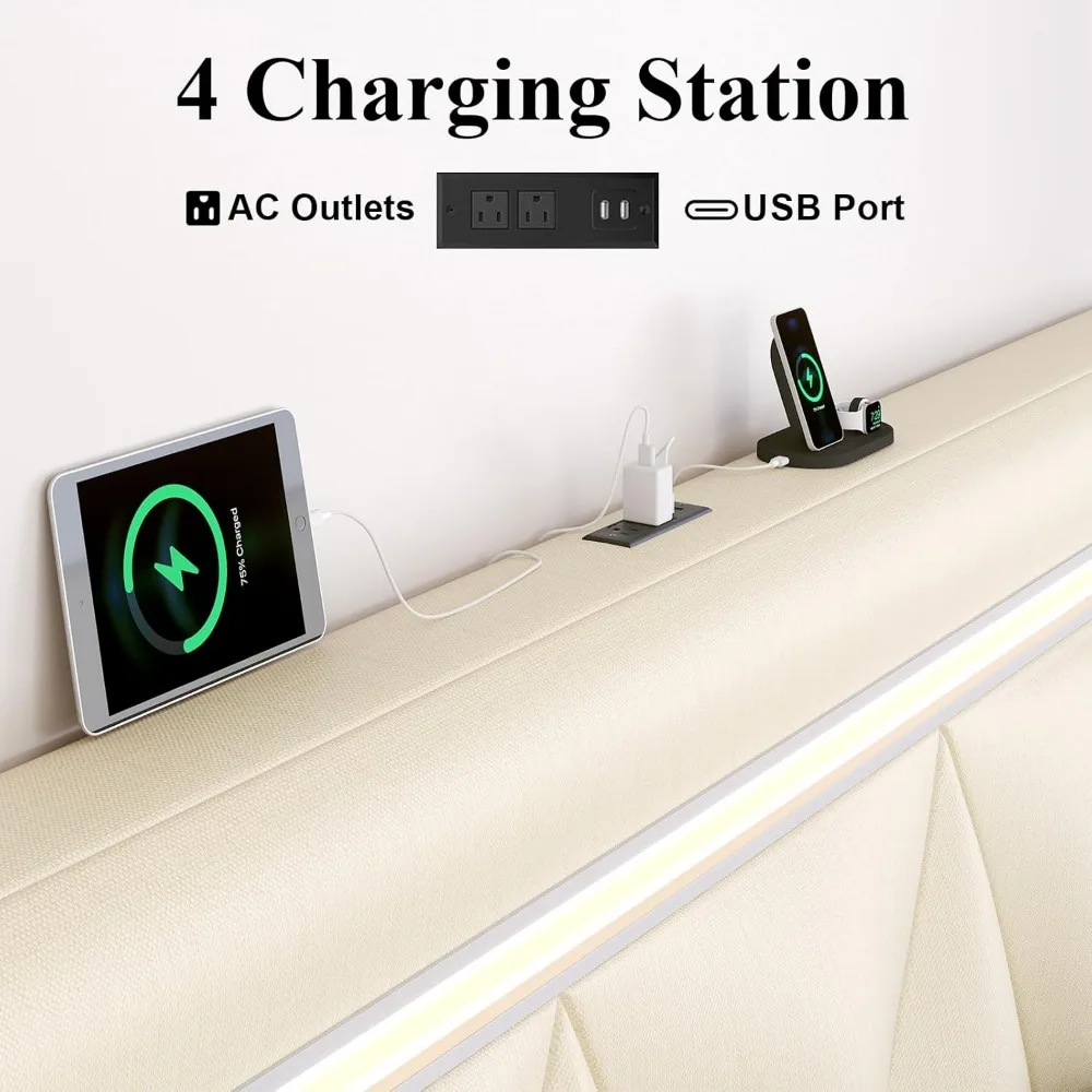 هيكل سرير بحجم كوين مع مكبر صوت بلوتوث، وأضواء LED ومحطة شحن، ولوح رأسي قابل للتعديل من قماش الكتان والجلد الصناعي، #5