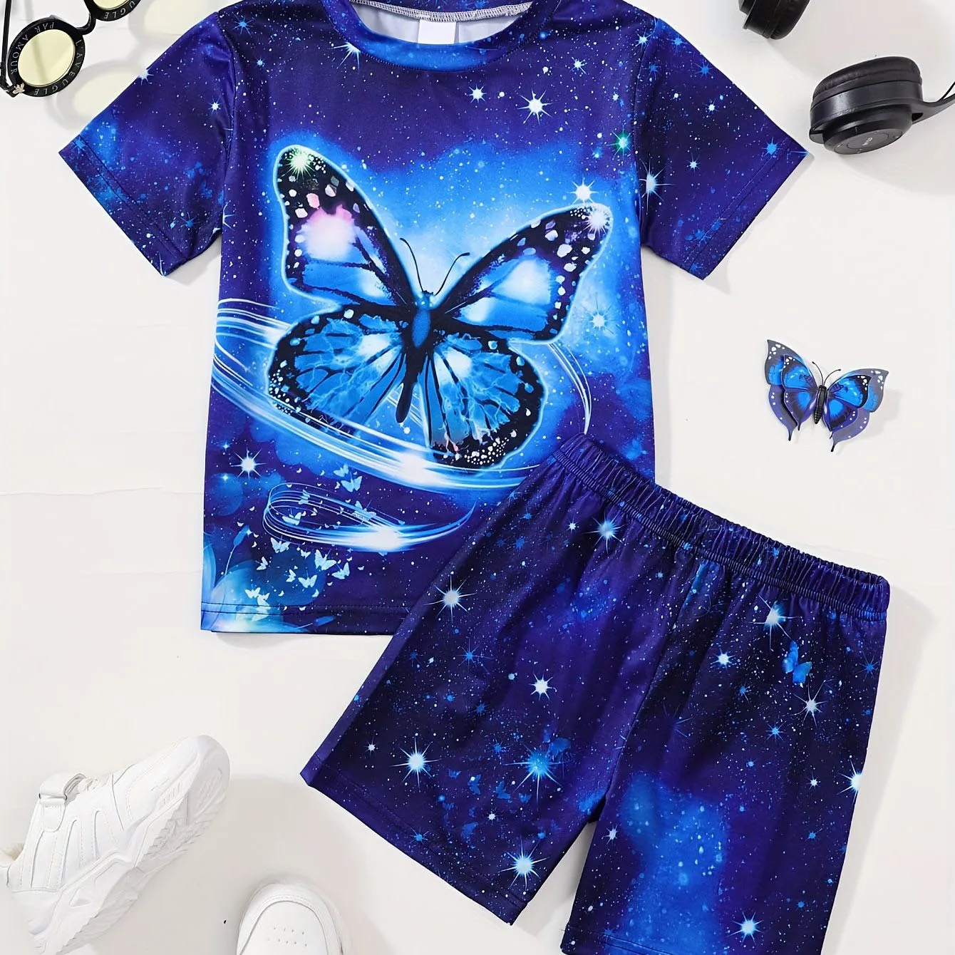 Children\'s Clothing Set for Girls Short Sleeve Girl Shorts 3D Butterfly Print Casual Girls Summer Clothes Pink Children\'s Sets