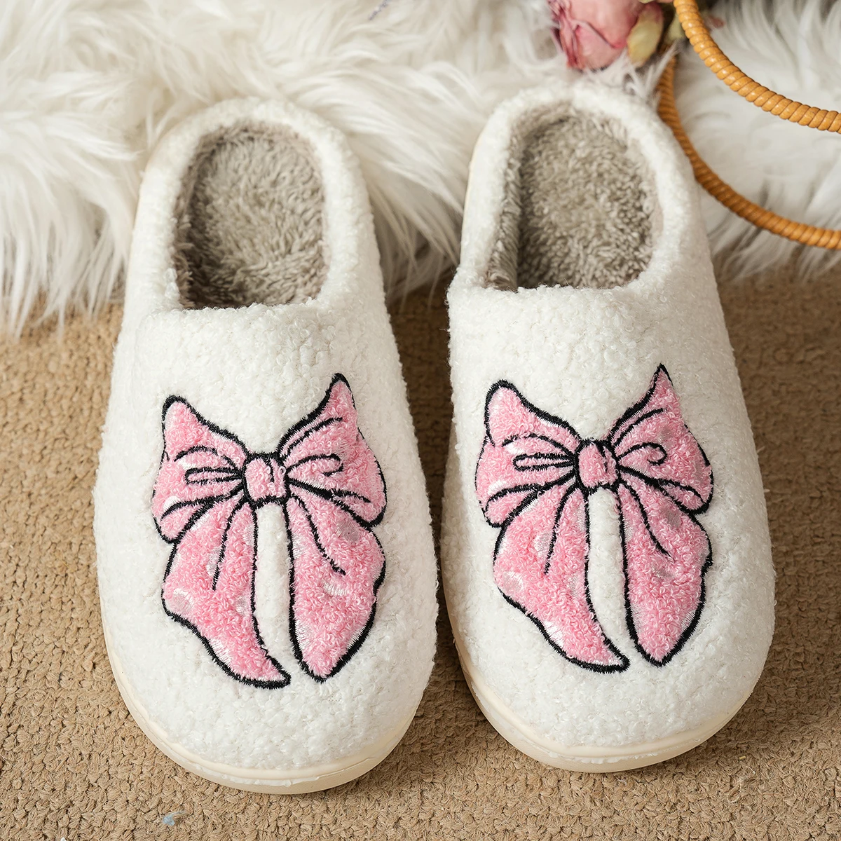 

Cute Bow Women‘s Warm Slippers Comfy Fashion Winter Indoor Non-slip Casual Soft Beautiful Home Girl's Fuzzy Gift Bedroom Shoes