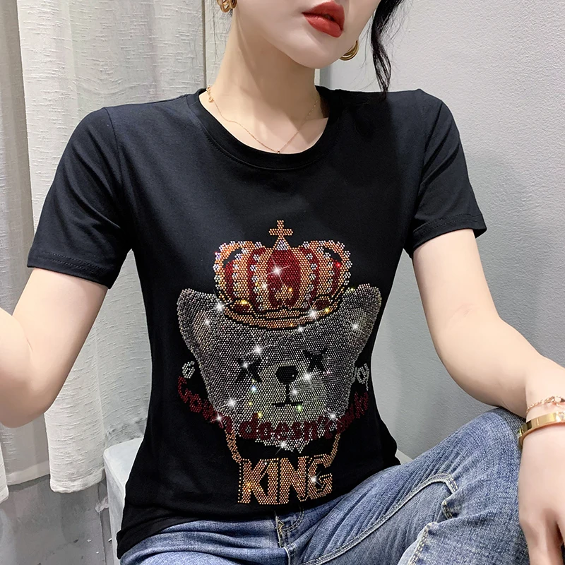 2023 Summer Korean Style Cotton T-Shirt Chic Sexy Hot Rhinestone Cartoon Bear Crown Women's Tops Short Sleeve Loose Tees 33104