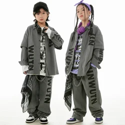 Children Hip Hop Suit Gray Long Sleeves Overalls Shirt Pants Boys Street Dance Costume Girls Jazz Performance Clothes BL11815