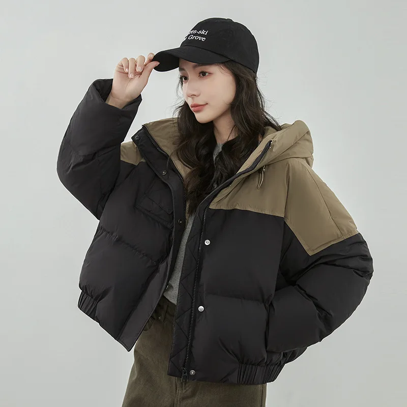 New Winter Clothes for Women Color Blocking Short Down Jacket White Duck Down Thickened Warm Top Hooded Loose Puffer Jacket