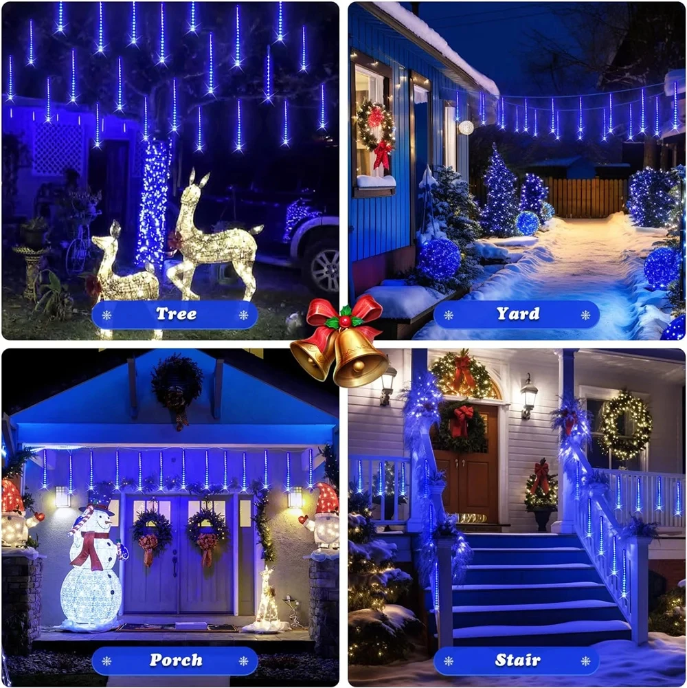 8pack 192LED Solar Meteor Shower Lights Outdoor Decorations Lights Solar Powered Falling Raindrop For Christmas Tree Party Decor