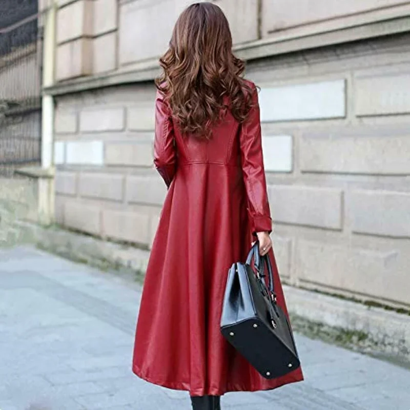 Coat Real Genuine Sheepskin Leather Long Overcoat Red Party Women Trench