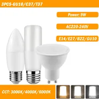 3PCS LED Light C37/T37/GU10 9W AC220-240V E14/E27/B22/GU10 High Lumen No Strobe Warm White Light for Indoor Lighting