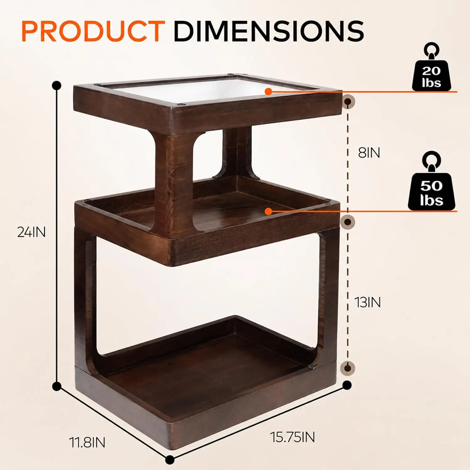 Solid Wood End Table with Lockable Swivel Casters,3-Tier Side Table,Pine Accent Table with Open Storage for Living Room, Bedroom