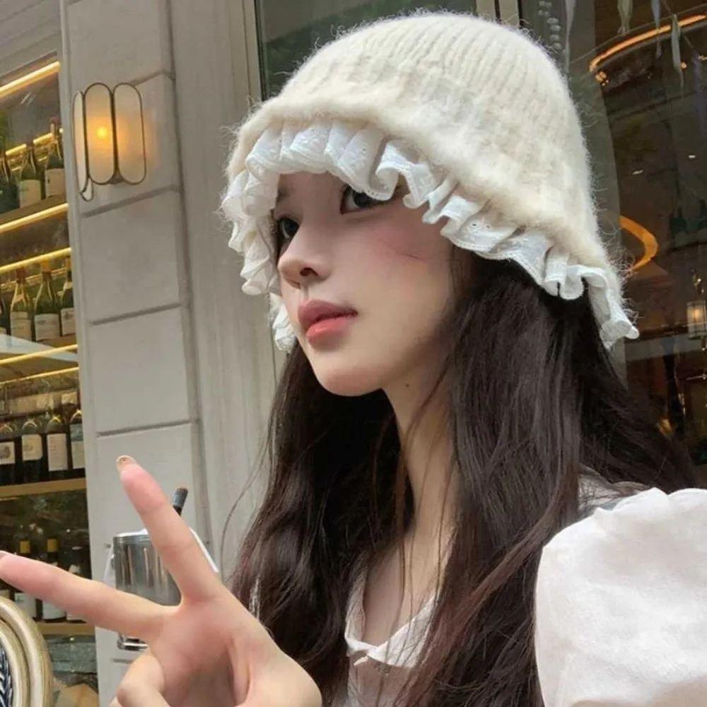 

Fashion Lace Trim Knitted Fisherman Hat Yarn Korean Style Women Bucket Hat Solid Color Large Head Circumference Beanie Hat Girl