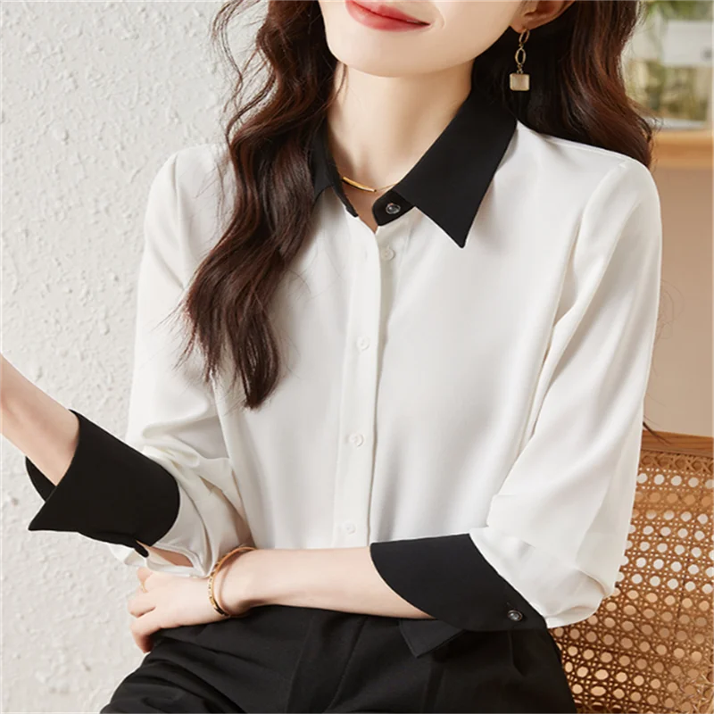 

Polo Collar Blouse Women Shirt Fashionable Ribbon Tops OL Ladies Shirt Autumn Woman Clothes Chiffon Shirt Button Blous