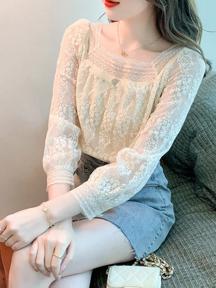

Модная кружевная базовая блузка для женщин, осенняя коллекция 2026, новая элегантная шифоновая блузка-топ в корейском стиле, свободного кроя, с узлом...