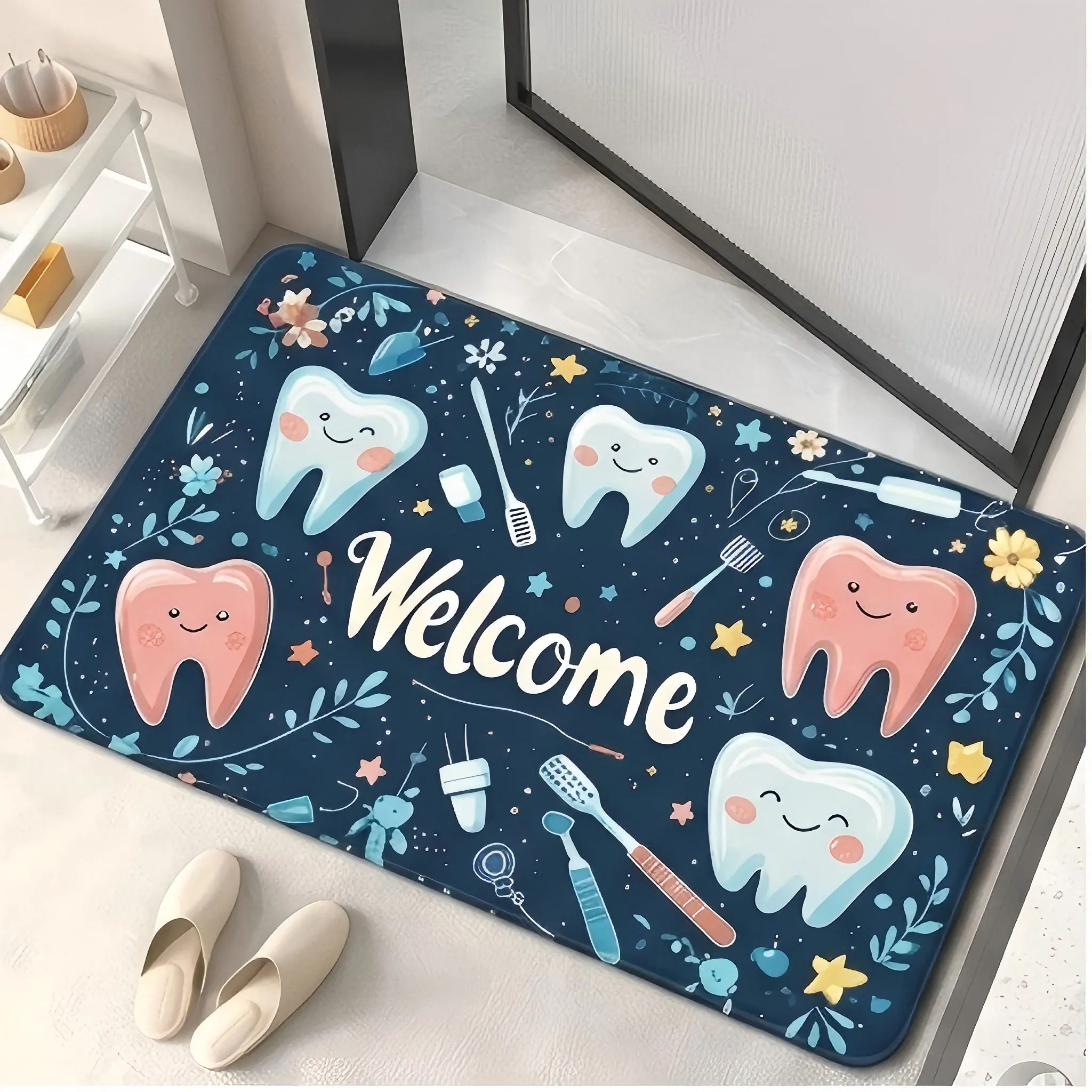 Navy Gold Tooth Welcome luxury pattern Doormat dental office rug stylish floor mat for indoor entrance and home decor