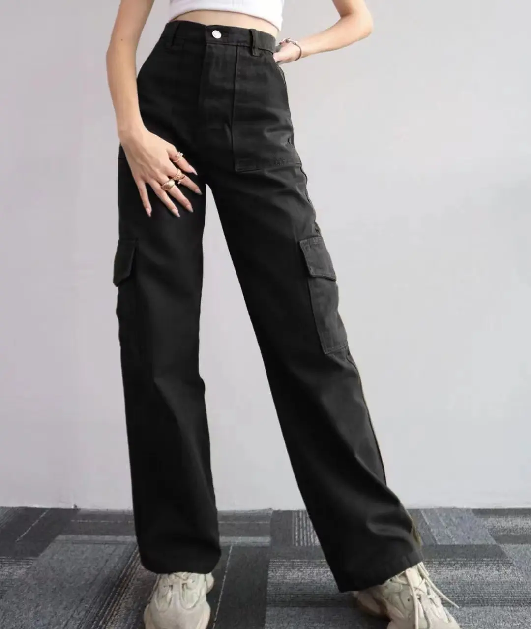 Pantalones Cargo Vintage holgados para mujer, pantalones de chándal de pierna ancha, ropa de calle de mezclilla Y2K con cordón,