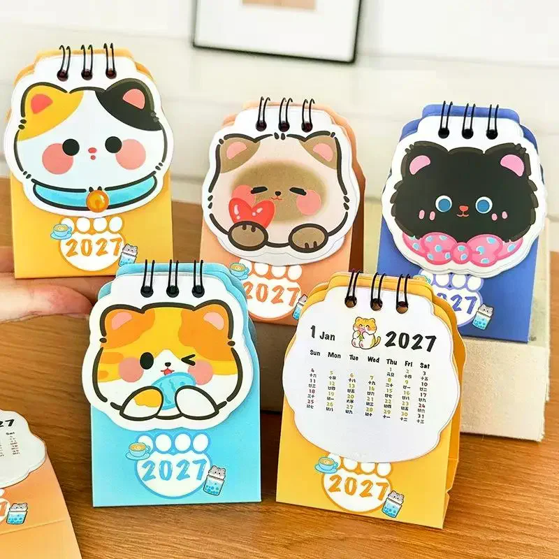 1Pcs Office School Supplies Gift 2026 Cartoon Cat Desk Calendar Student Surface Ornament Mini Small Kawaii Lovely Decoration