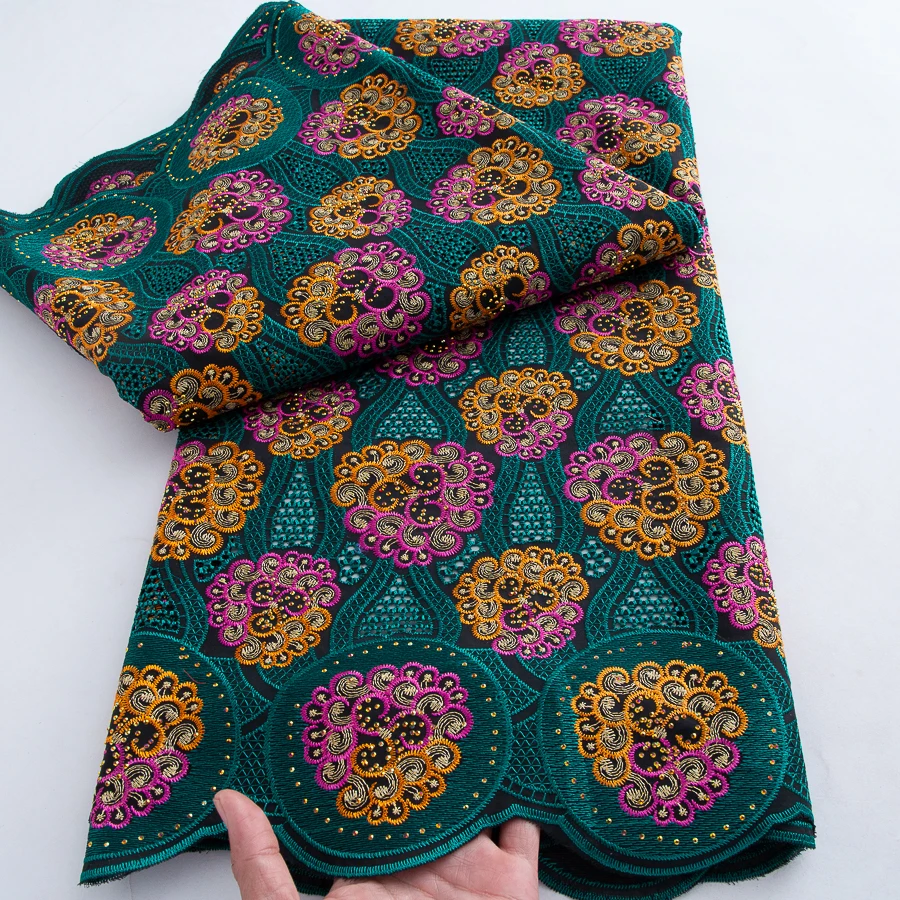 African Lace Fabric 2025 High Quality 5 Yards Rhinestones Nigerian Swiss Voile Cotton Lace Fabric Elegant Dress for Women A4211