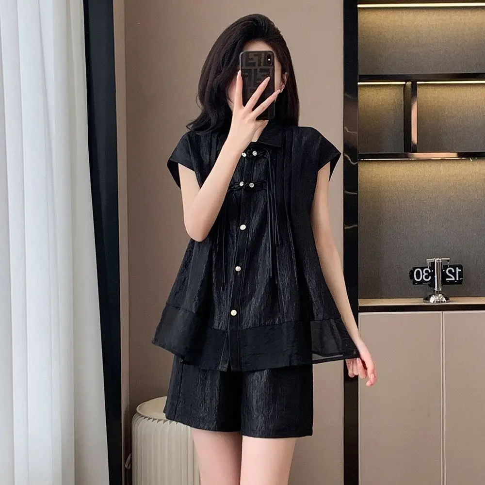 Women\'s Loose Fitting Casual Fashion Set Summer New Chinese Style Button Up Sleeveless Shirt and Shorts Two-piece Set for Women