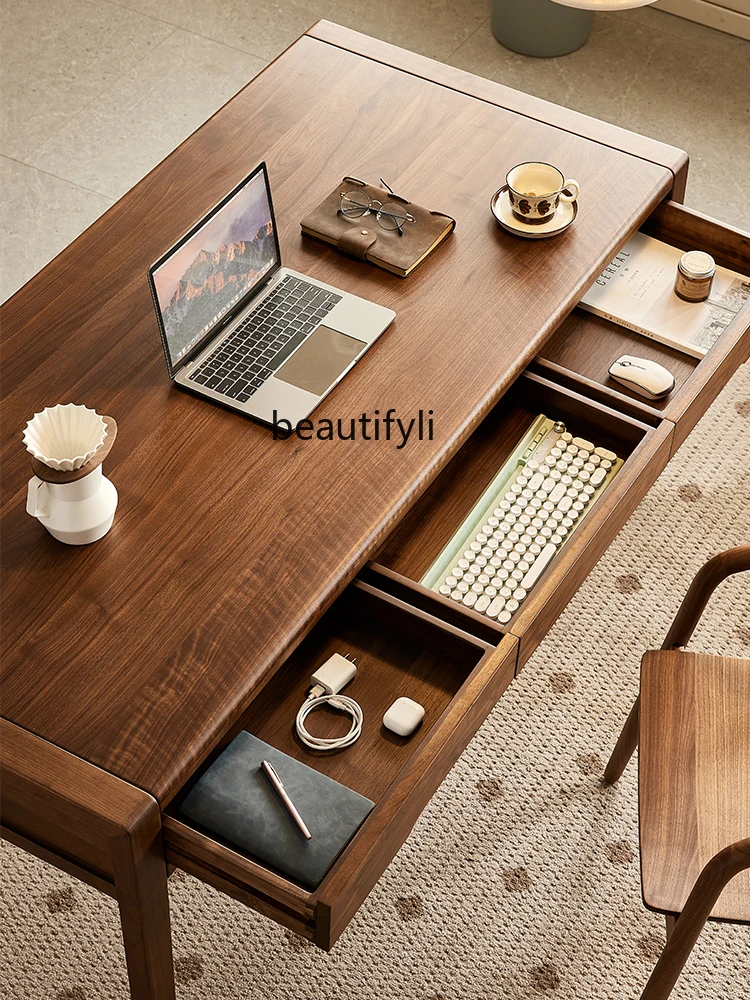 North America Black Walnut Wooden Desk Nordic Simple Writing Desk Home Study with Drawer Solid Wood Desk