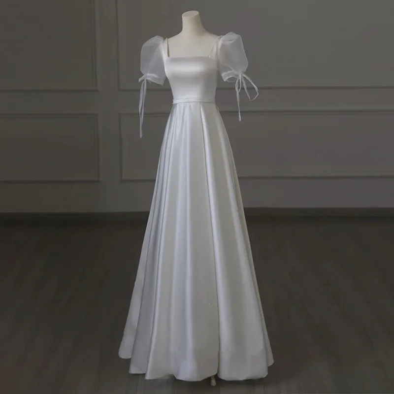 

French Light Wedding Dress, Bride's Forest Style Simple Satin Surface, Neat Outdoor Veil, White Engagement Dress Skirt 2026