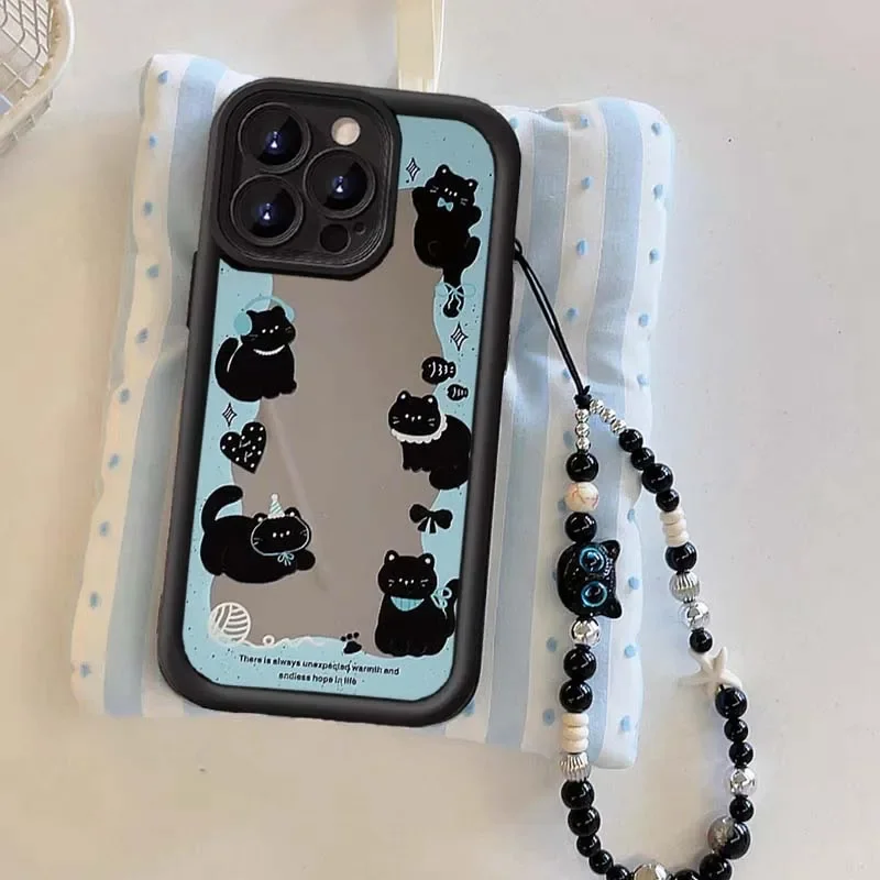 INS الكورية لطيف مرآة القطة السوداء سوار سلسلة جراب هاتف لجوجل بكسل 9 8 7 برو 5G بكسل 7A 8A 9 برو XL غطاء مقاوم للصدمات