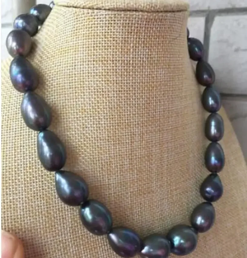 

Fashion jewelry huge 10-11mm tahitian baroque black green pearl necklace 18inch 14k