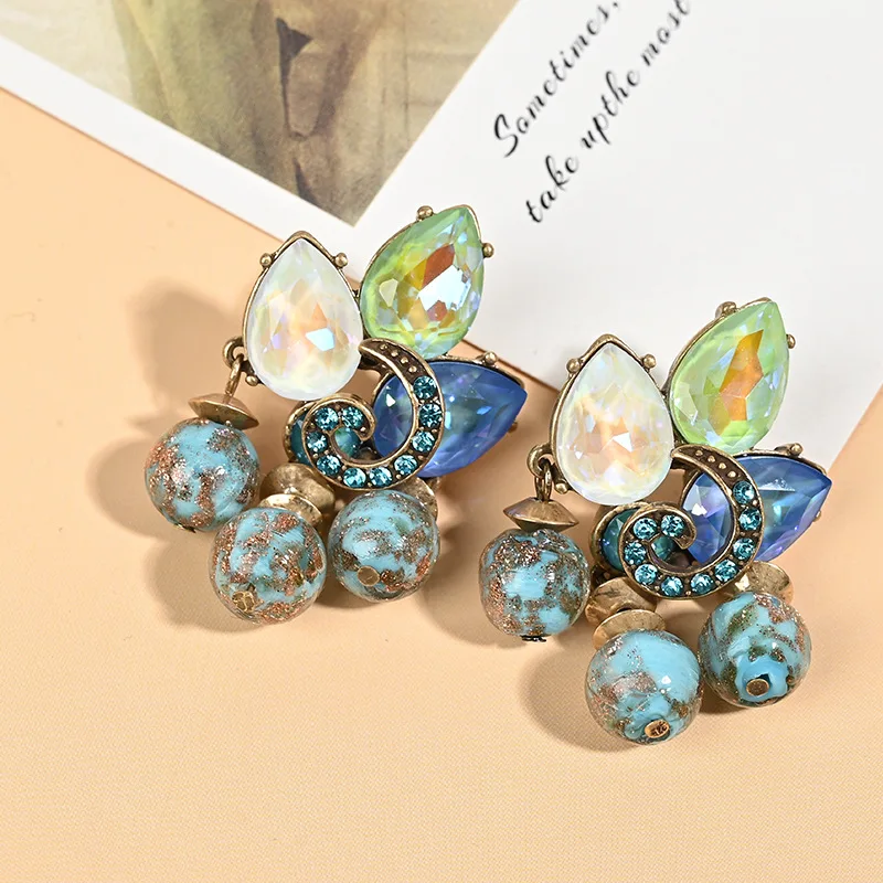 

Fashion Retro Vintage Colored Coloured Glaze Glass Tassels Stud Earrings Floral Niche Design Sense Palace Style Women Earrings