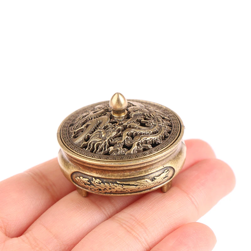 Antique Brass Pocket Dragon Phoenix Incense Burner Hollow Incense Mini Ornaments Chinese Ancient Tea Desk Decor