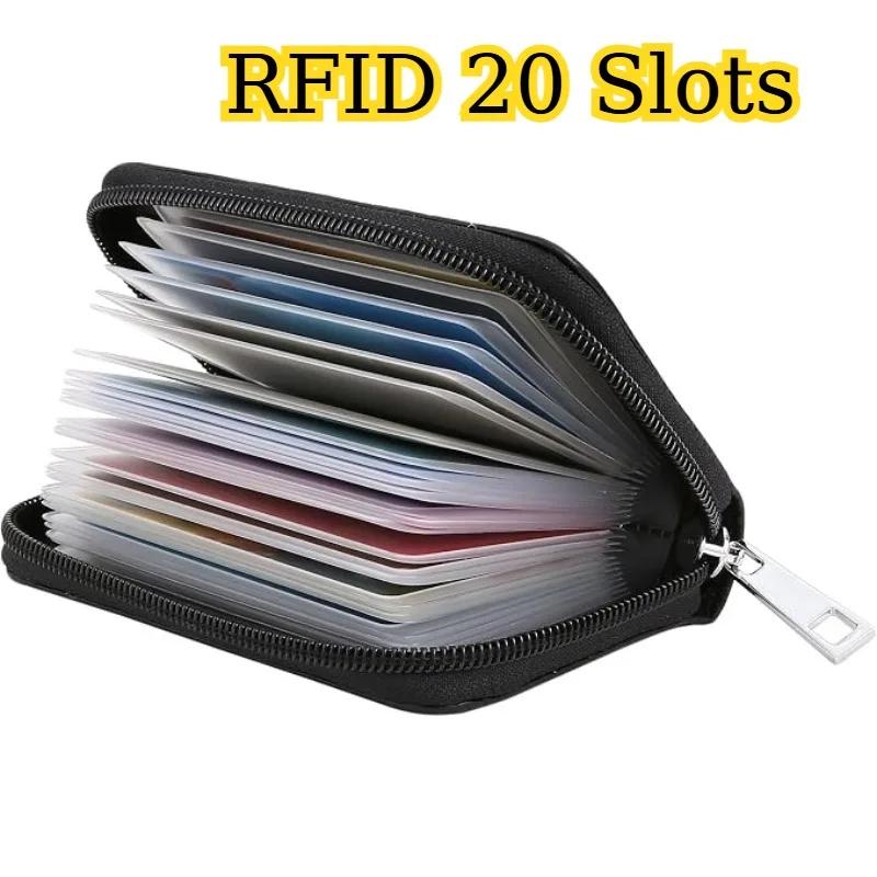 RFID 20 Slots Leather Credit Card Holder Zipper Small Wallet for Women or Men Holiday Gift(BLACK, COFFEE)