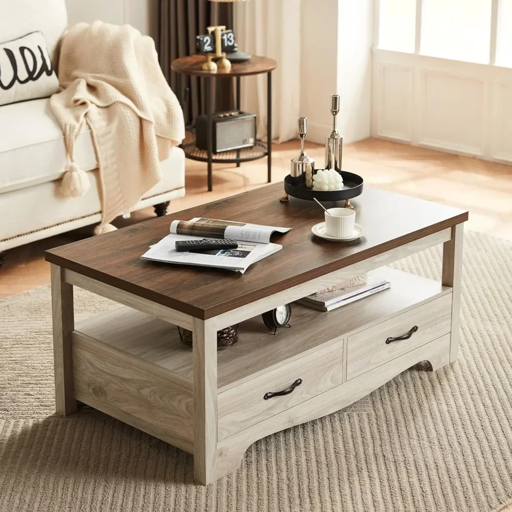 Wood Coffee Table for Living Room, Open Display Area and Storage Drawers with Metal Handles, Chic Style with Curved Base