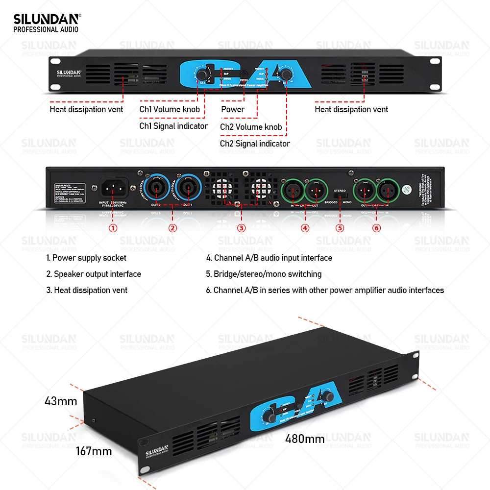 SILUNDAN Professional 1U High Power  500W*2 Amplifier 2 Channels Audio for Disco Outdoor Concerts Subwoofer Speakers Stage KTV