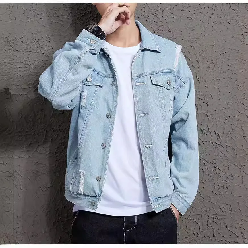 New Cross-border Men's Denim Jacket, Pure Color Casual Denim Coat, Loose Fit, Large Size, Korean Style Jackets