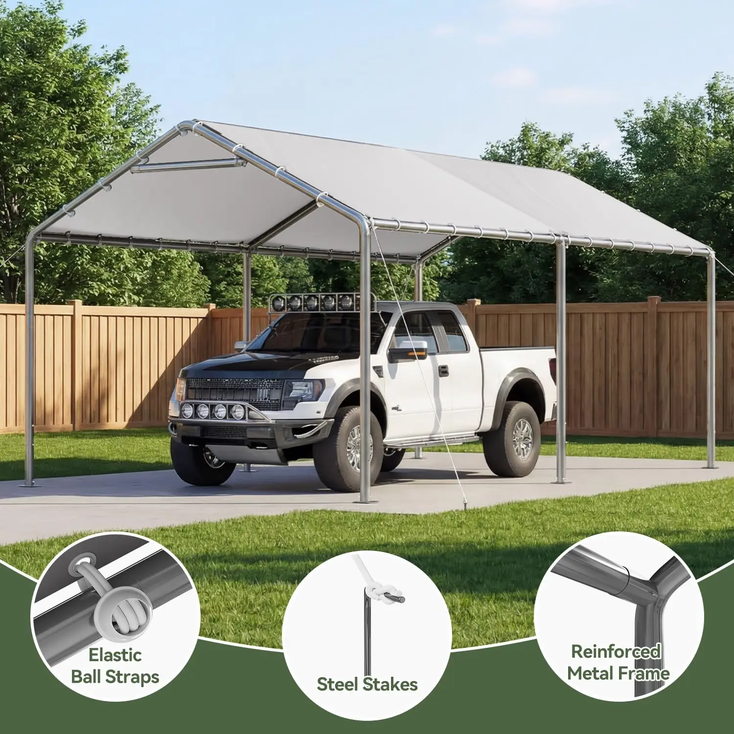 10x20 Heavy Duty Carport Portable Garage Shelter Shed, Steel Frame Waterproof Vehicle Storage Tent with Adjustable Height, Roll Up Doors Removable Sidewalls Outdoor Car Canopy, view 3