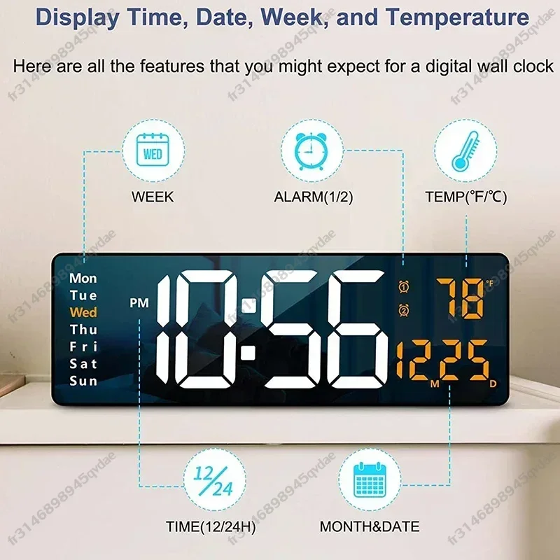 Wall-mounted Digital Wall Clock with Remote Control Large Wall Clocks Temp Date Week Display Power Off Dual Alarms Table Clock