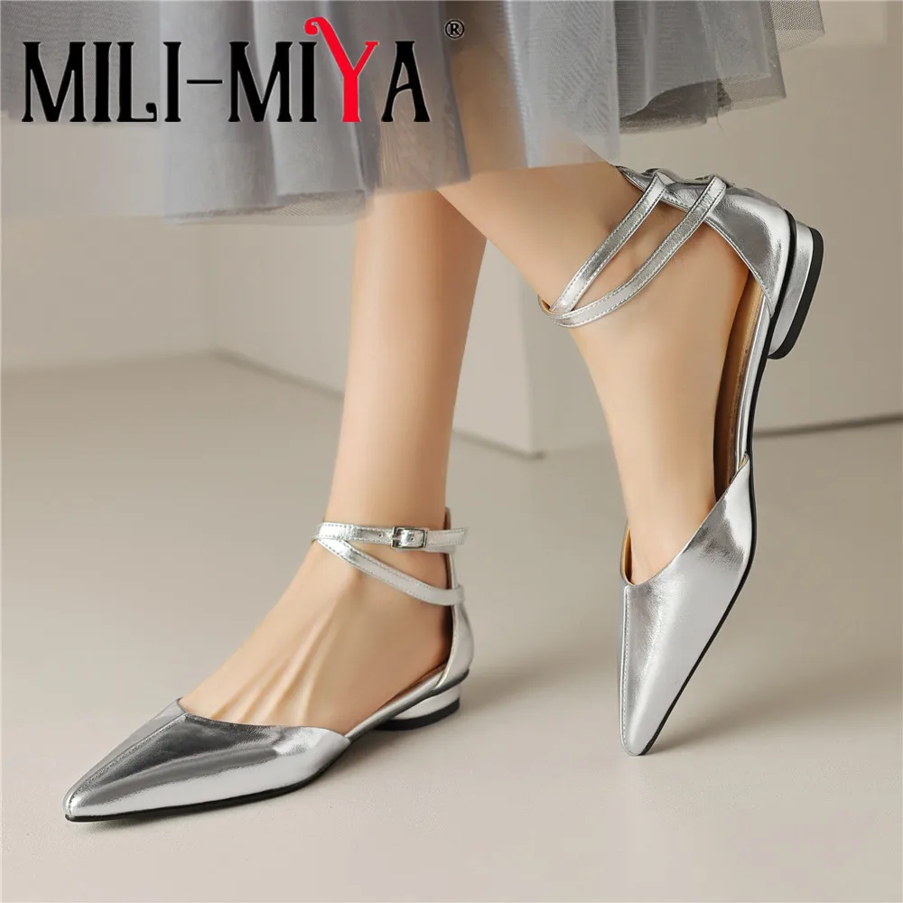 

MILI-MIYA Women Cow Leather Flats Middle Splicing Upper Pointed Toe Ankle Wrap Buckle Strap Casual Street Shoes Big Size 34-40