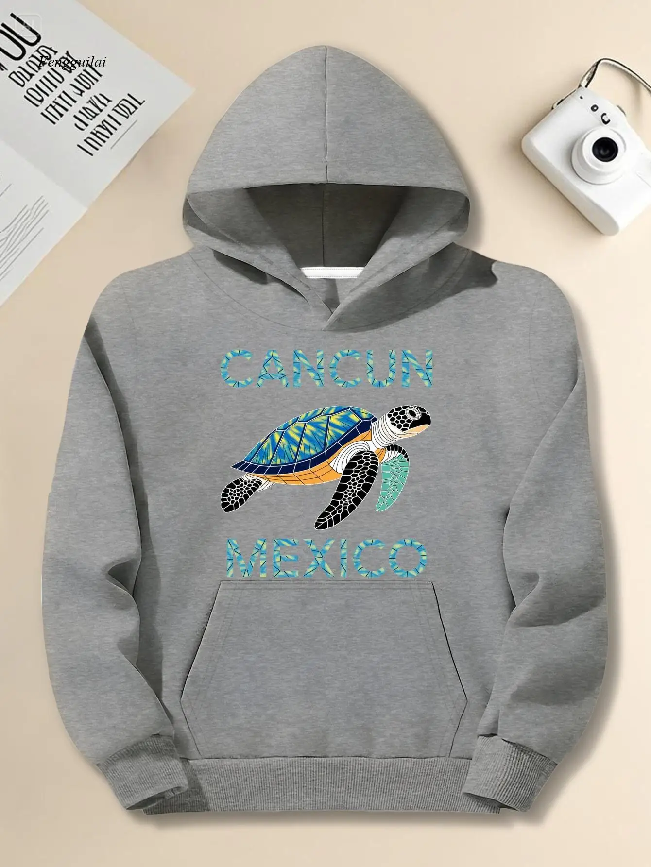 

Толстовка свободного кроя с капюшоном — морская черепаха Мексиканский графический принт, серый повседневный пуловер Хизер, можно стирать в машине