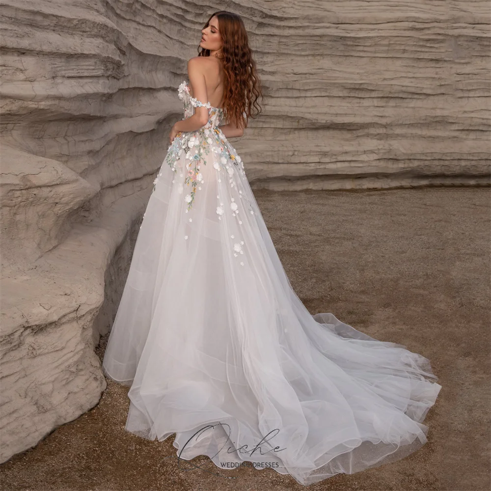 QICHE Charming Flowers Lace Wedding Dress 2026 A-Line V-Neck Spaghetti Straps Open Back Pleat Tulle Vestidos De Novia Customized