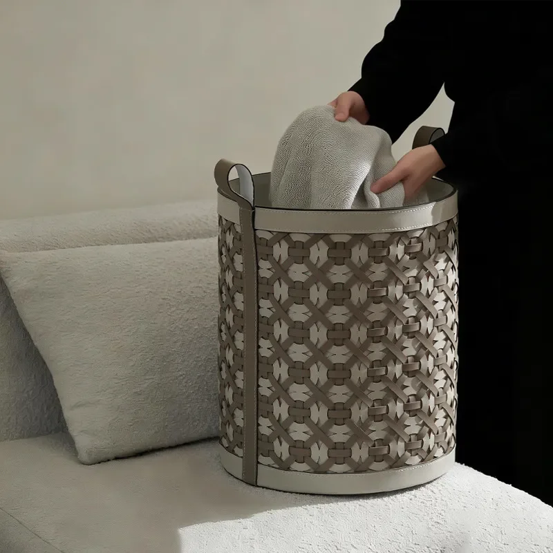 light luxury color matching hand-woven leather dirty clothes basket, large-capacity portable clothes storage bucket, medieval