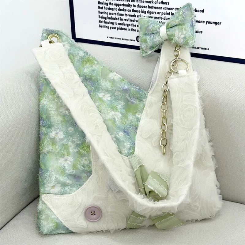 

JIAERDI Sweet Cute Green Daisy Tote Bag Women Canvas Patchwork Fabric Large Capacity Shoulder Bag Ladies Lace Bow Crossbody Bags