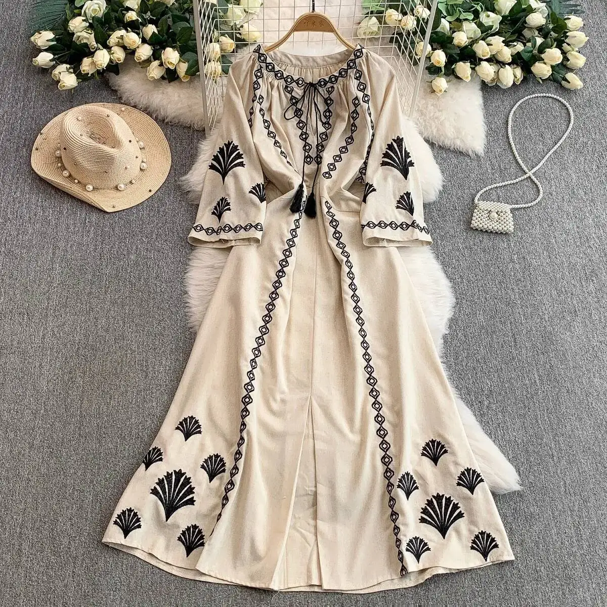 Damska Sukienka Plażowa Vintage z Haftem Wiosenna Okrągły Dekolt Długi Rękaw Sukienki Boho Elegancka Damska Sukienka Długa w Kwiaty Szaty Vestidos