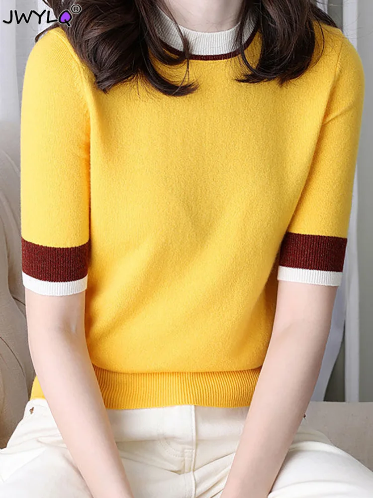 Casual O-neck Knitted Spliced Loose Korean Blouse Women\'s Clothing 2023 Summer New Pullovers Short Sleeve Fashion Commute Shirts