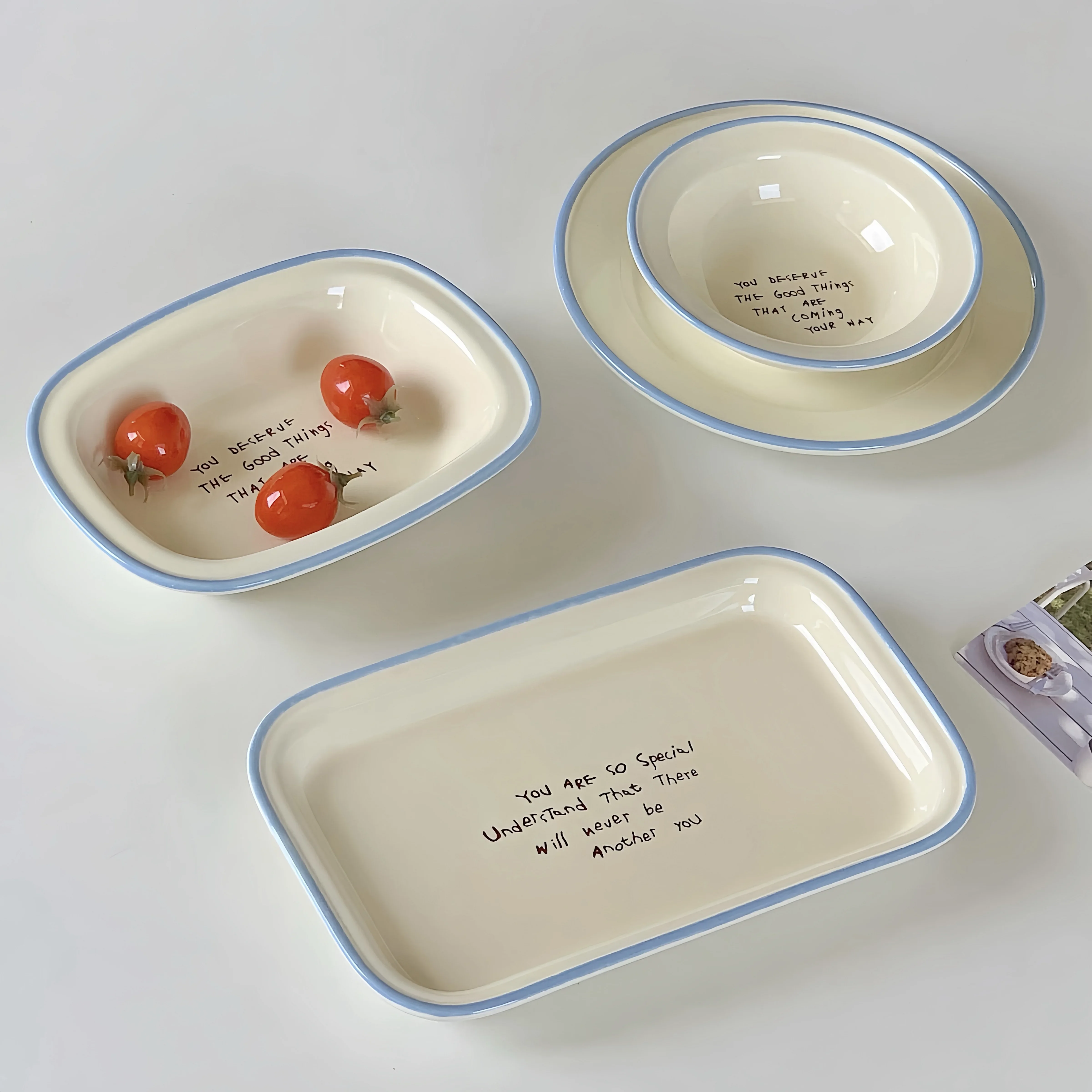 Off White English Letter Square Rotundity Ceramics Deep Plate Breakfast Dinner Dessert Vegetable Plate Bowl Kitchen Porcelain