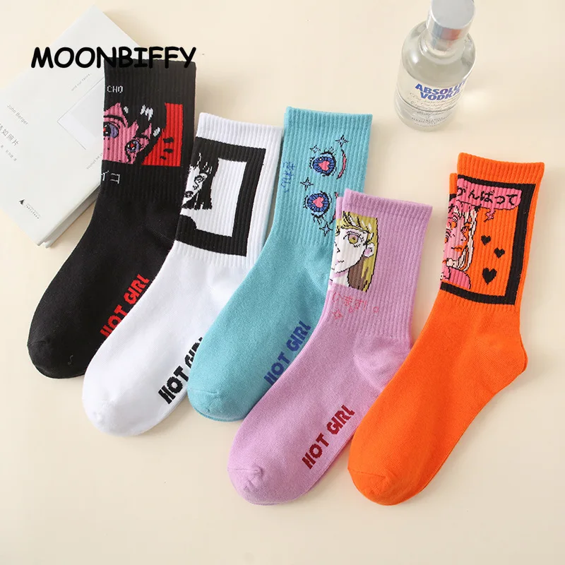 

Japanese Ins Comics Tide Socks Simple Skateboard Mid-tube Illustration Women Sock Gifts for Girls Cute Sports Socks Calcetines