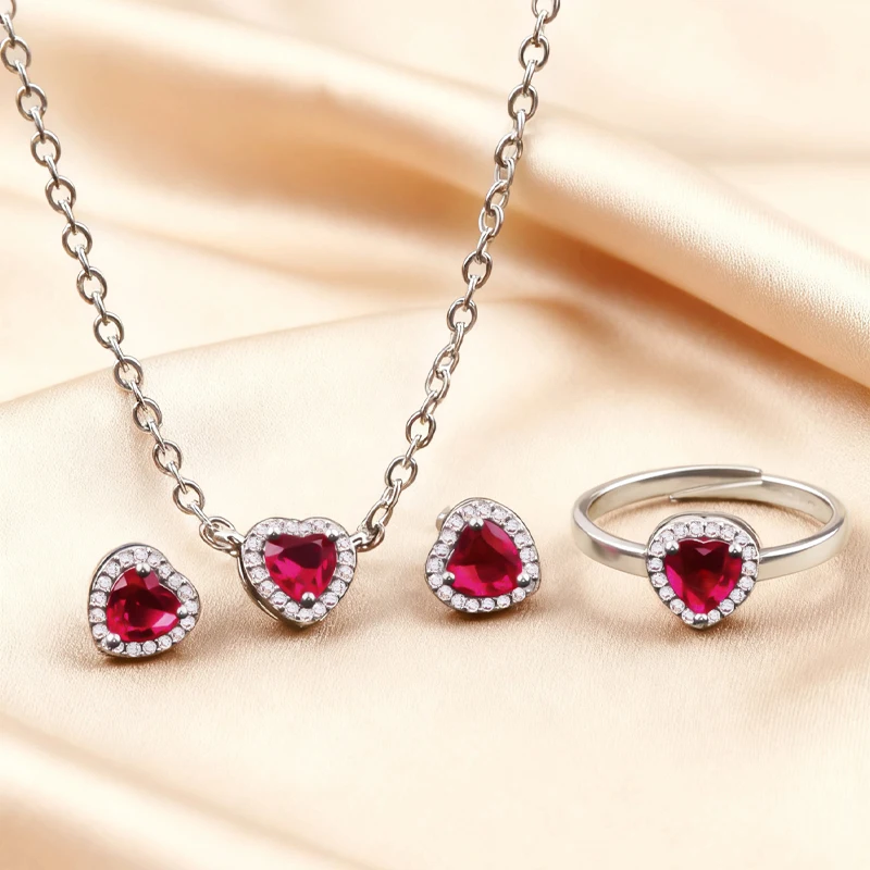 Ins-Style Pink and Red Heart-Shaped Diamond-Encrusted Jewelry Set, Cross-Border Best-Selling Three-Piece Jewelry Set, Niche Design Necklace, Earrings, and Ring, Gift for Girlfriend