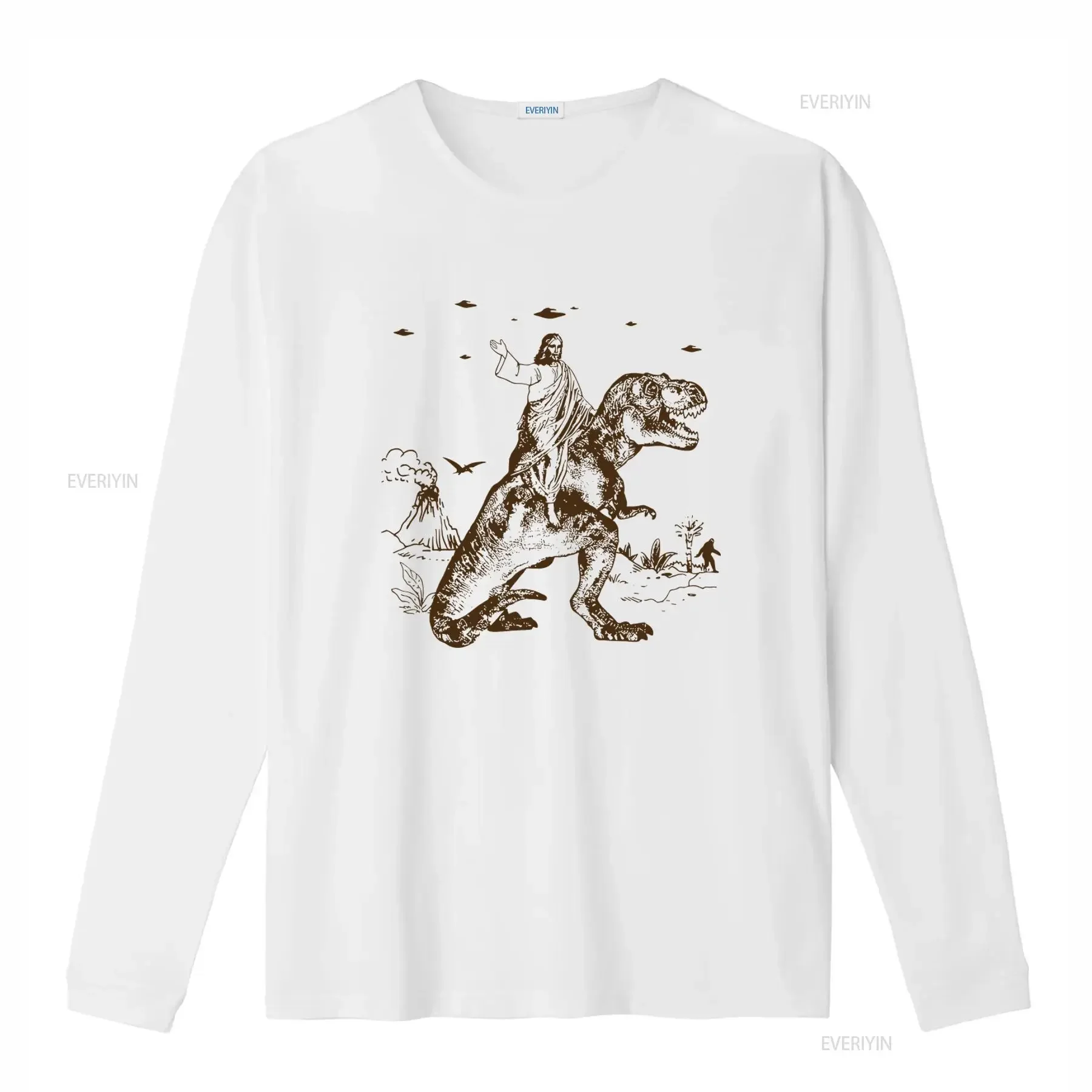Jesus Riding Dinosaur T Shirt UFO Funny Offensive Cool Crazy Novelty for Guys vintage Washed fashion Comfortable Soft Stretched