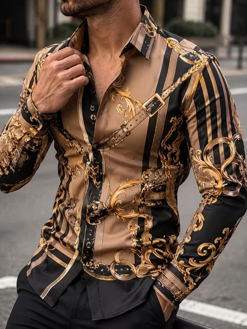 New men's horseneck buckle chain Baroque vine vertical stripe printed long sleeved shirt high gloss satin lapel top