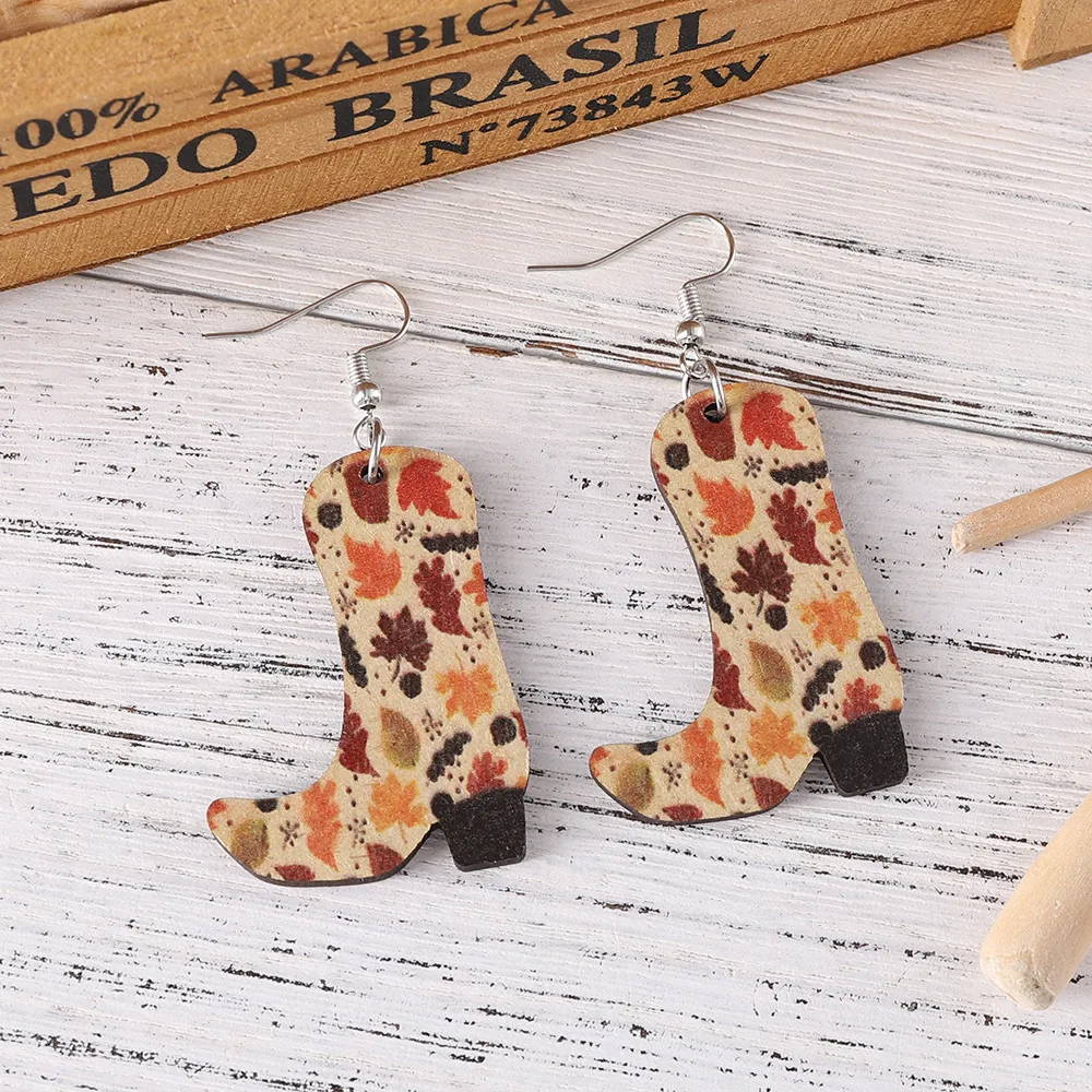 new autumn Thanksgiving maple leaf western style cowboy boots pendant earrings wooden double-sided earrings