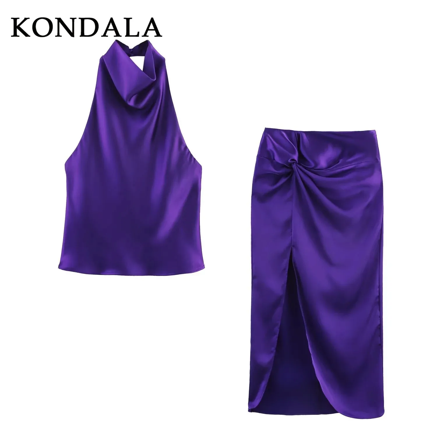 KONDALA 2026 Spring Summer Casual Satin Women Solid Suits Fashion Backless Sleeveless Halter Short Tops Chic Zipper Long Skirts view 6