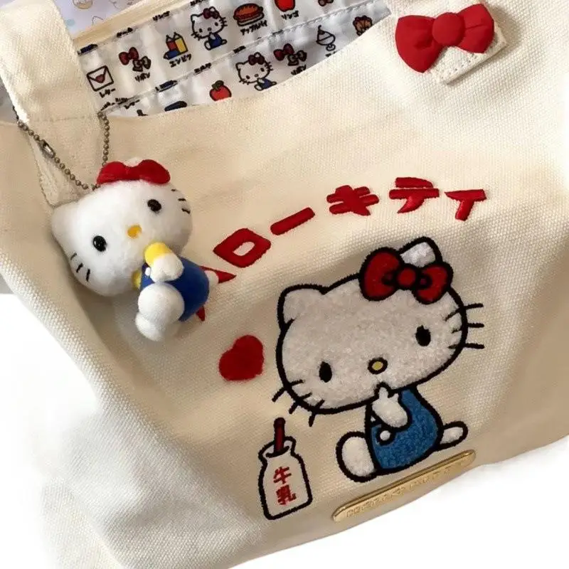 Nowa Kawaii śliczna torba Hellokitty haftowana płócienna torba na ramię o dużej pojemności przenośna torba na zakupy prezent dla dziewczynek