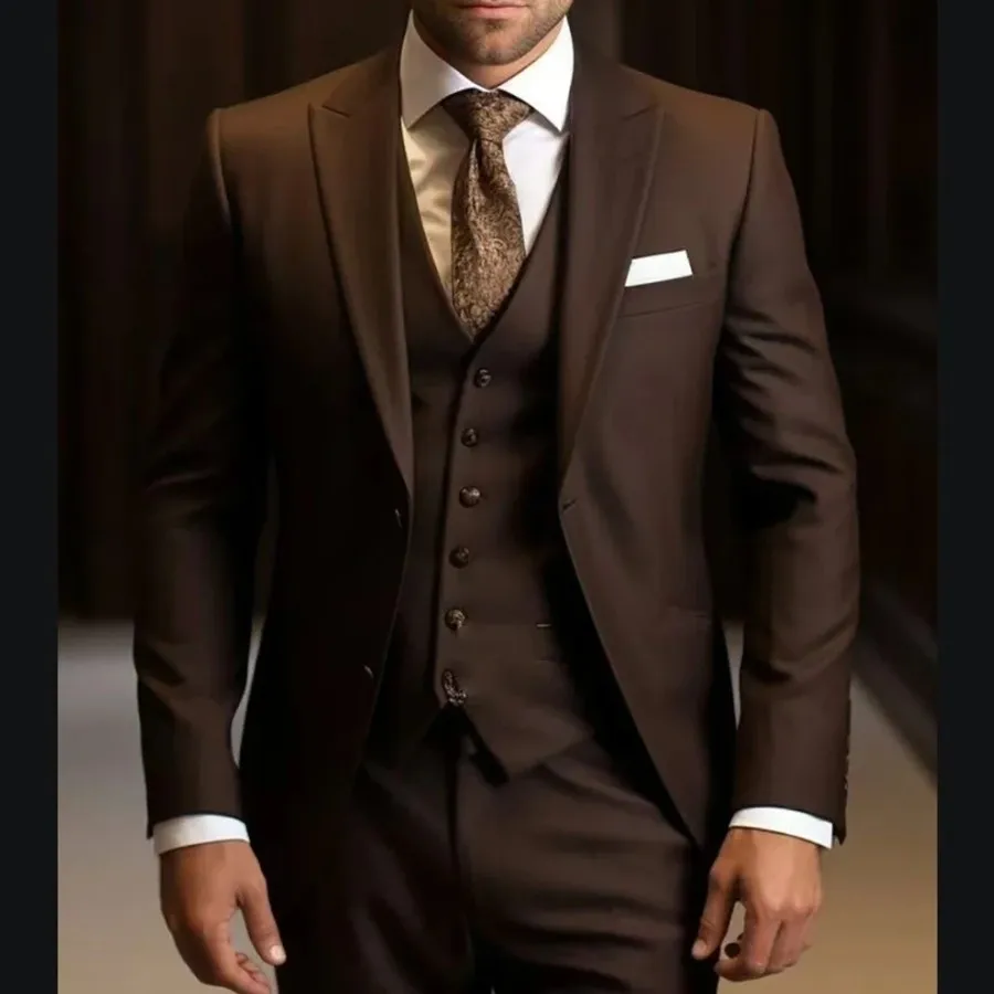 

Свадебные костюмы для мужчин, приталенный костюм из трех предметов, однобортный мужской костюм с остроконечными лацканами, деловая куртка для жениха, брюки, жилет